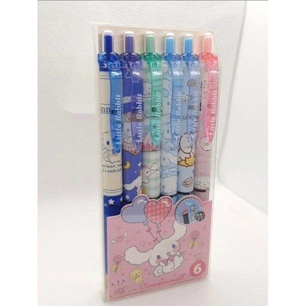 Sanrio Cinnamoroll 6 Piece Retractable Gel Pen Set 0.5mm Black Ink Kawaii Pastel